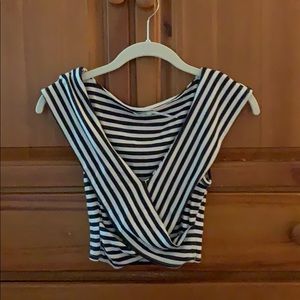 Blue and white striped wrap crop top
